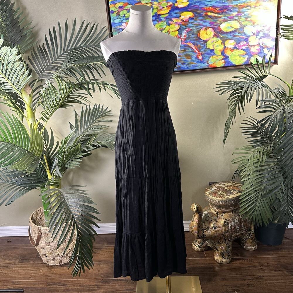 KLd Women M USA midi Dress Sleeveless smocked tiers lined Boho cottage prarie